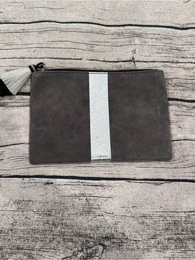 Kempton Gray Leather Medium Pouch with Silver Center Stripe & Tassel ~8.5”x6”